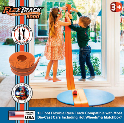 FlexTrack 5000 Flexible Race Car Track for Kids Toy with Suction Cups Compatible with Hot Wheels and Diecast 1/64th Cars and More 15 Feet Long Rolls Up Portable Racetrack (Blazing Orange) Nirvana Guru