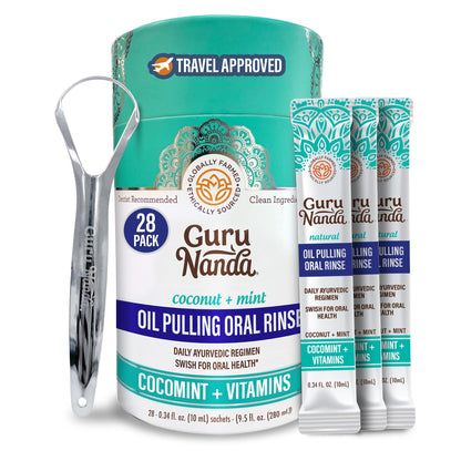 GuruNanda Travel Sachets Coconut Oil Pulling, Fresh Breath Mouthwash, 7 Essential Oils & Vitamins for Happy Teeth & Gums, 28 Sachets Nirvana Guru