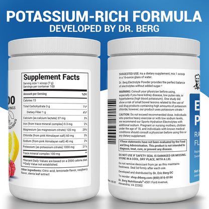 Dr. Berg Zero Sugar Hydration Keto Electrolyte Powder - Enhanced w/ 1000 mg of Potassium & Real Pink Himalayan Salt (NOT Table Salt) - Raspberry & Lemon Flavor Hydration Drink Supplement, 100 Servings - Nirvana Guru