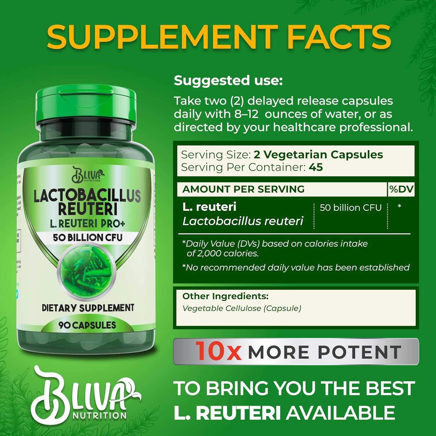 BLIVA Lactobacillus Reuteri Capsules – L Reuteri - 50 Billion CFU per Serving - Highest CFU Count L Reuteri Supplement - 90 Capsules - Nirvana Guru