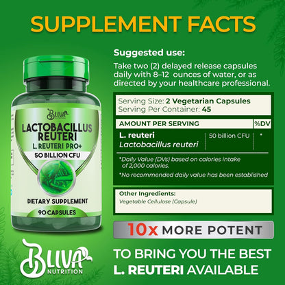BLIVA Lactobacillus Reuteri Capsules – L Reuteri - 50 Billion CFU per Serving - Highest CFU Count L Reuteri Supplement - 90 Capsules - Nirvana Guru