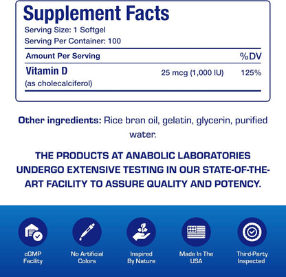 High Absorption Vitamin D3 1000IU - Clinical Formula Adult Vitamin D Supplement for Men and Women for Bone Teeth Muscle Mood and Immune Support - Easy to Swallow VIT D3 25 mcg - 100 Servings Nirvana Guru