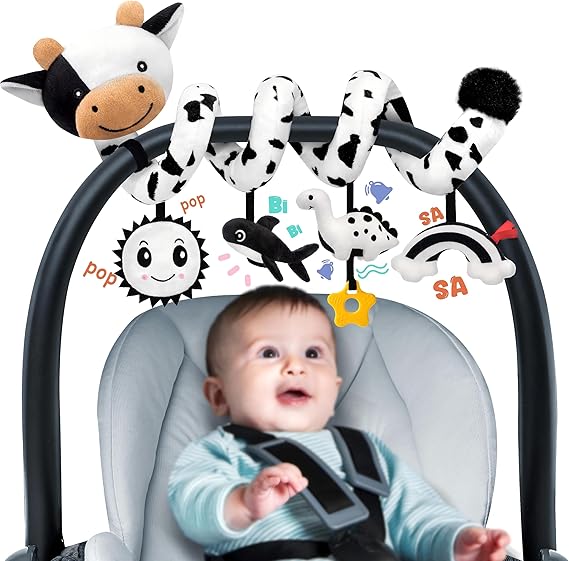 Spiral Car Seat Baby Toys 0-6 Months, Infant Carseat High Contrast Sensory Toys Hanging Stroller Accessories, Newborn Gifts for Baby Boys Girls Essentials, Cute Black and White Cow nirvanaguru