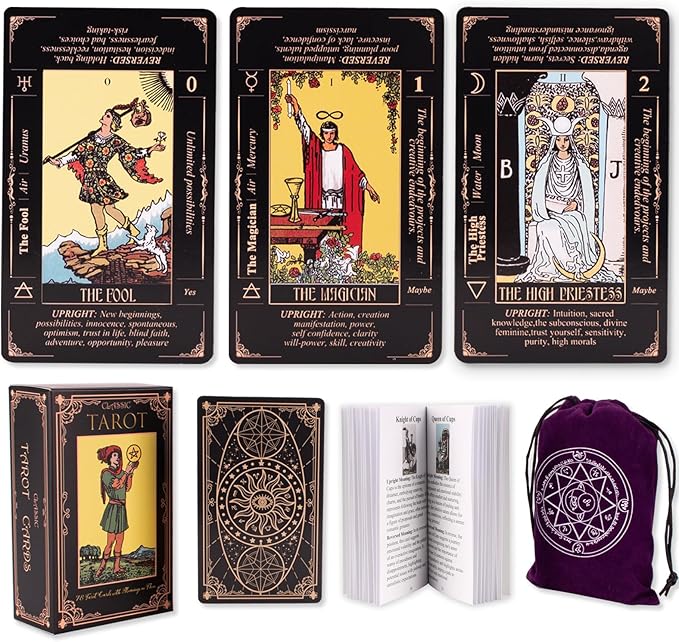 Tarot Cards for Beginners, Classic Tarot Cards with Meanings on Them, Durable Tarot Cards with Guide Book for Beginners (Black) nirvanaguru