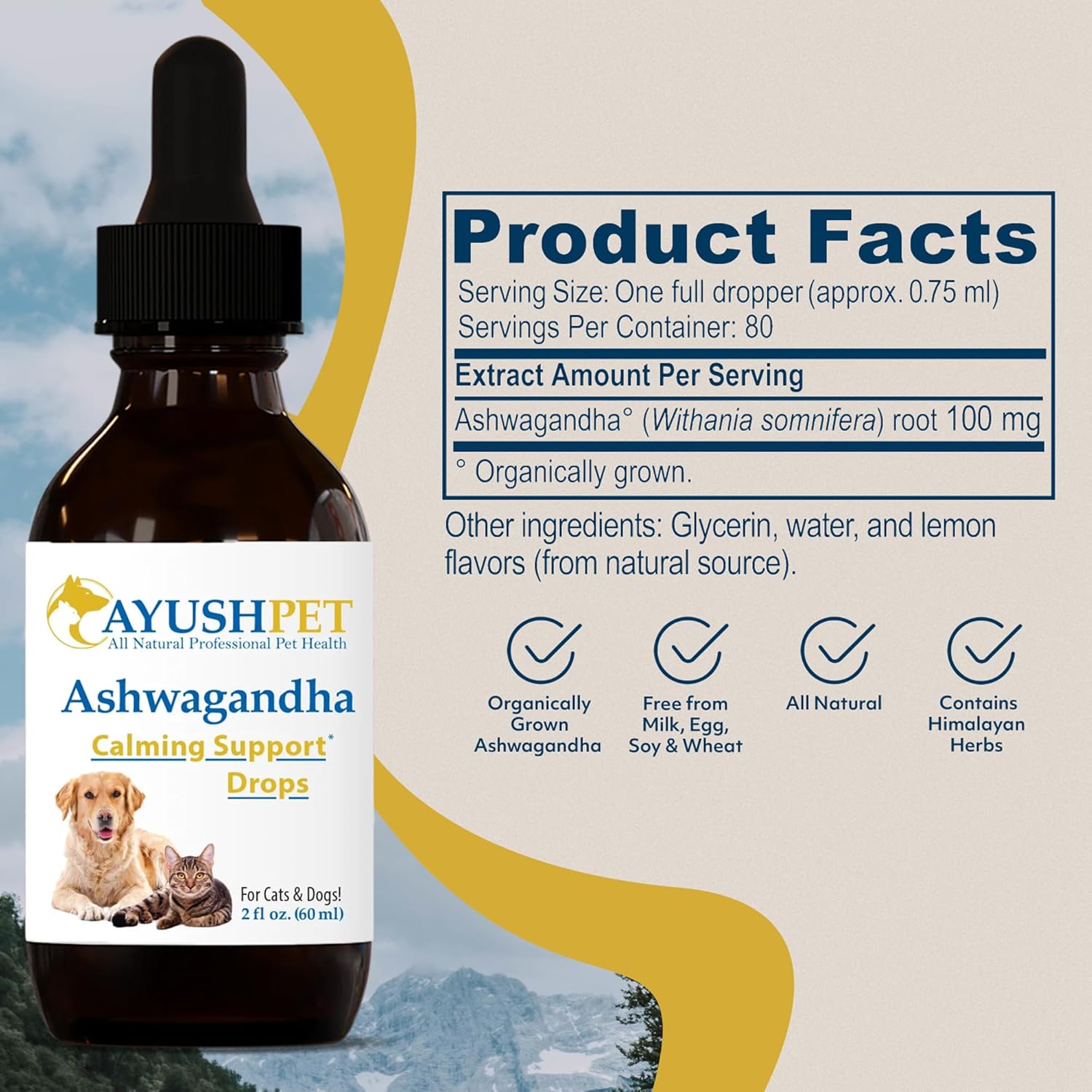 Ayush Pet Stress Support Ashwagandha Drops, Calm and Focus for Dogs or Cats, Alcohol Free Supplement, 2 oz. Nirvana Guru