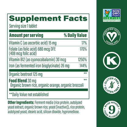 MegaFood Blood Builder Iron Supplement Clinically Shown to Increase Iron Levels Without Side Effects, Vegan Supplement For Women with Vitamin C, Vitamin B12 & Folic Acid, 90 Tablets - Nirvana Guru