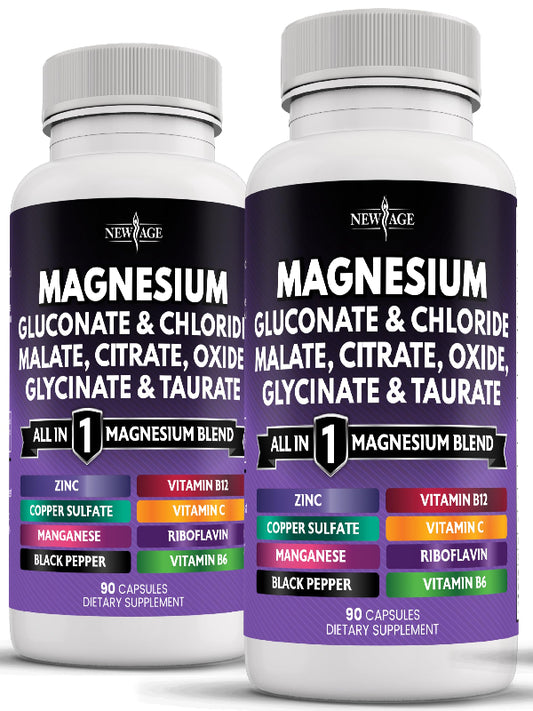 NEW AGE Magnesium Supplement -Powerful Glycinate Citrate Malate Oxide Taurate Aspartate Gluconate Orotate & Mag Chloride Manganese Bone Health and Bone Strength, Joint Support- 180 Count Nirvana Guru