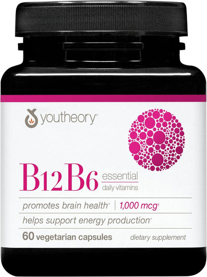 Youtheory B12B6 - Vegan Vitamin B6 & Vitamin B12 - Offers Brain Health, Energy & Immunity Support* - Dairy, Soy & Gluten Free - 60 Vegetarian Capsules - Nirvana Guru