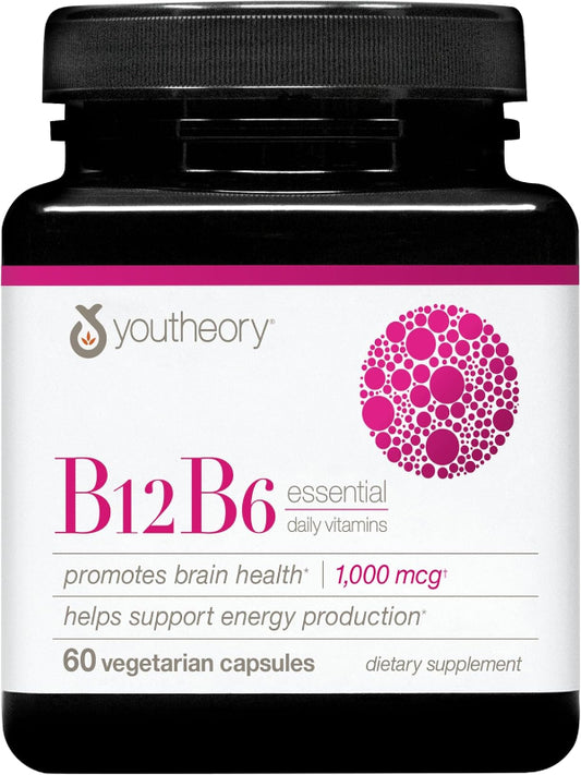 Youtheory B12B6 - Vegan Vitamin B6 & Vitamin B12 - Offers Brain Health, Energy & Immunity Support* - Dairy, Soy & Gluten Free - 60 Vegetarian Capsules - Nirvana Guru