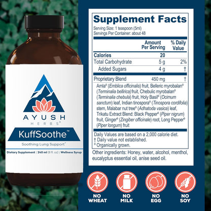 Ayush Herbs KuffSoothe - Bronchial Wellness Syrup, Bronchial Support Supplement, Natural Cough Syrup to Sooth Sore Throat, Sinus & Immune Health Formula with Ginger & Honey - 8 Fl Oz (1 Count) Nirvana Guru