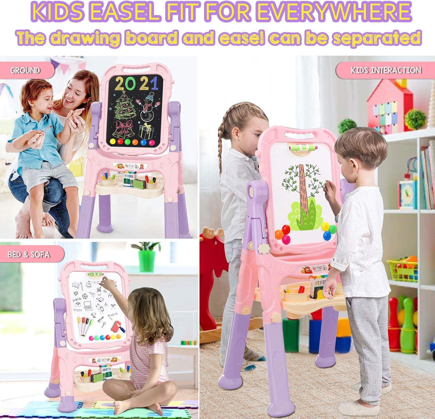 Art Easel for Kids, Adjustable Standing Rotatable Double Sided Easel with Painting Accessories for Toddlers Boys and Girls-Pink Nirvana Guru