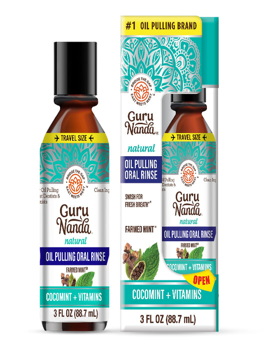 GuruNanda Travel Size CocoMint Oil Pulling Mouthwash, 7 Essential Oils & Vitamins, Promotes Fresh Breath & Happy Gums, No Alcohol & Fluoride, 3 oz Nirvana Guru