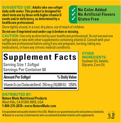 Nature Made Maximum Strength Vitamin D3 10000 IU (250 mcg), Dietary Supplement for Bone, Teeth, Muscle and Immune Health Support, 60 Softgels, 60 Day Supply - Nirvana Guru