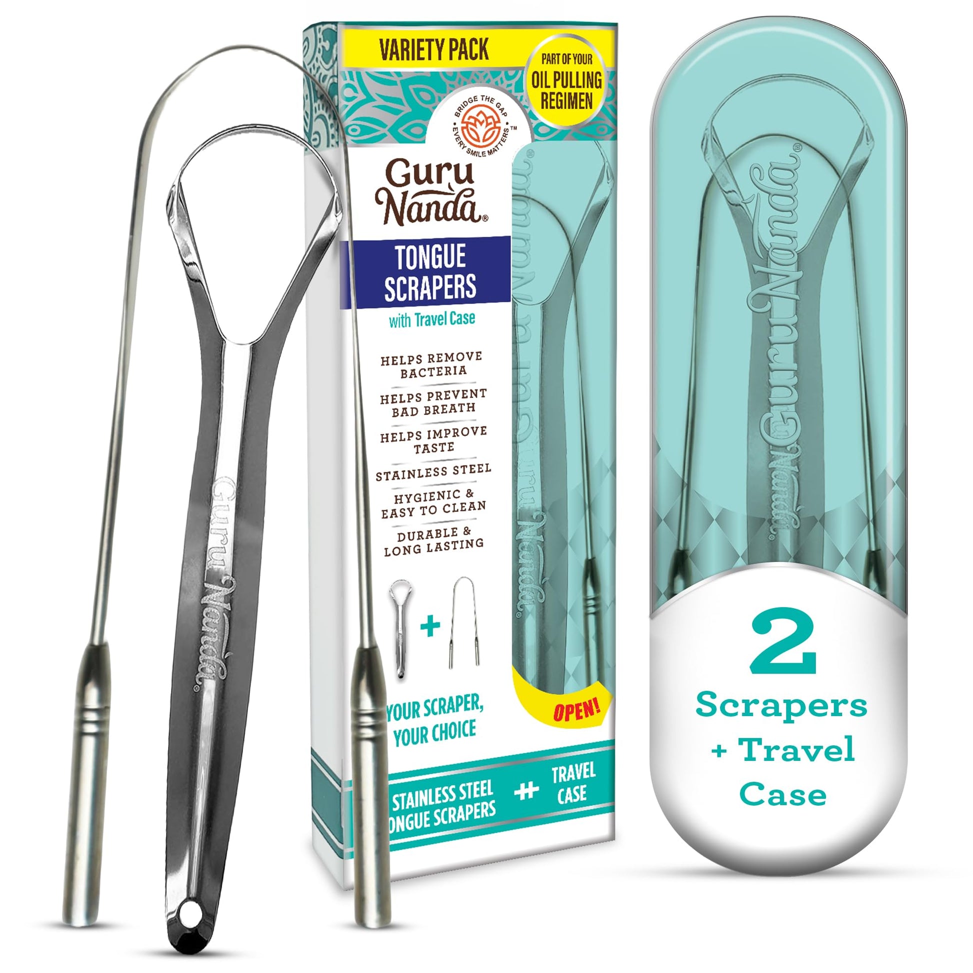 GuruNanda Tongue Scraper for Adults (2 Pack) with Travel Case, 420 Medical-Grade 100% Stainless Steel Tongue Cleaner, Aids in Fresh Breath & Oral Care Nirvana Guru