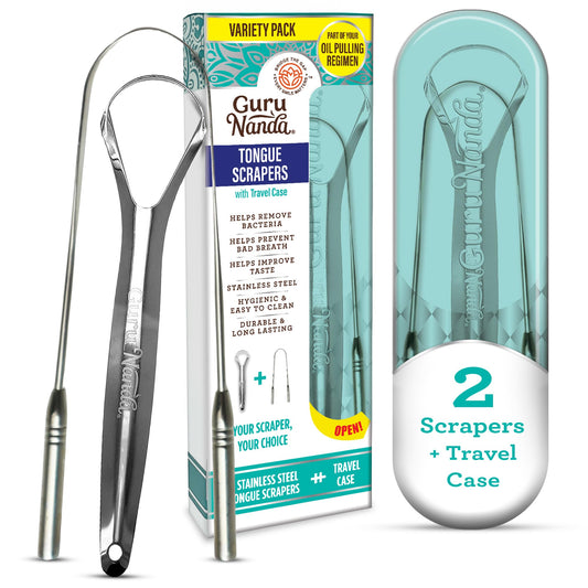 GuruNanda Tongue Scraper for Adults (2 Pack) with Travel Case, 420 Medical-Grade 100% Stainless Steel Tongue Cleaner, Aids in Fresh Breath & Oral Care Nirvana Guru