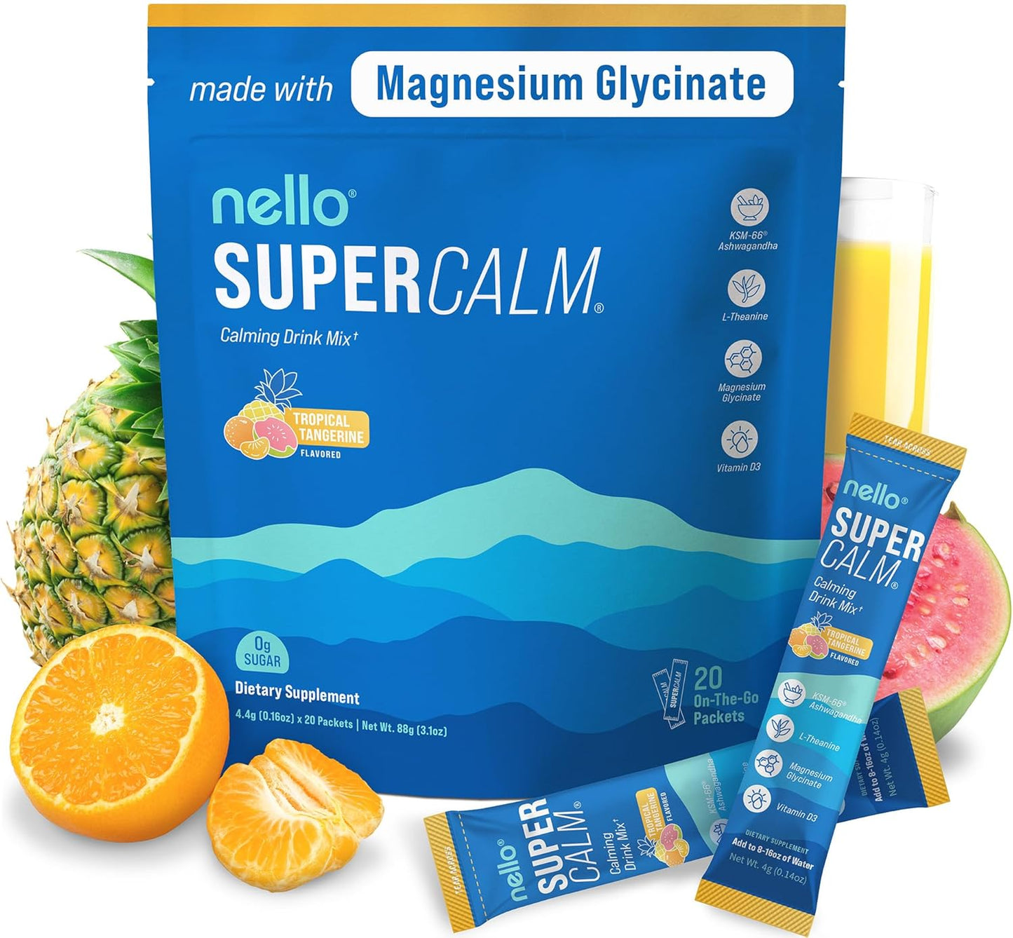 Supercalm Powdered Drink Mix, Raspberry Lemonade, L Theanine, Ksm-66 Ashwagandha, Magnesium Glycinate, Vitamin D 3, Supplements for Relaxation & Focus, No Sugar, Non GMO, On The Go, 20 Ct