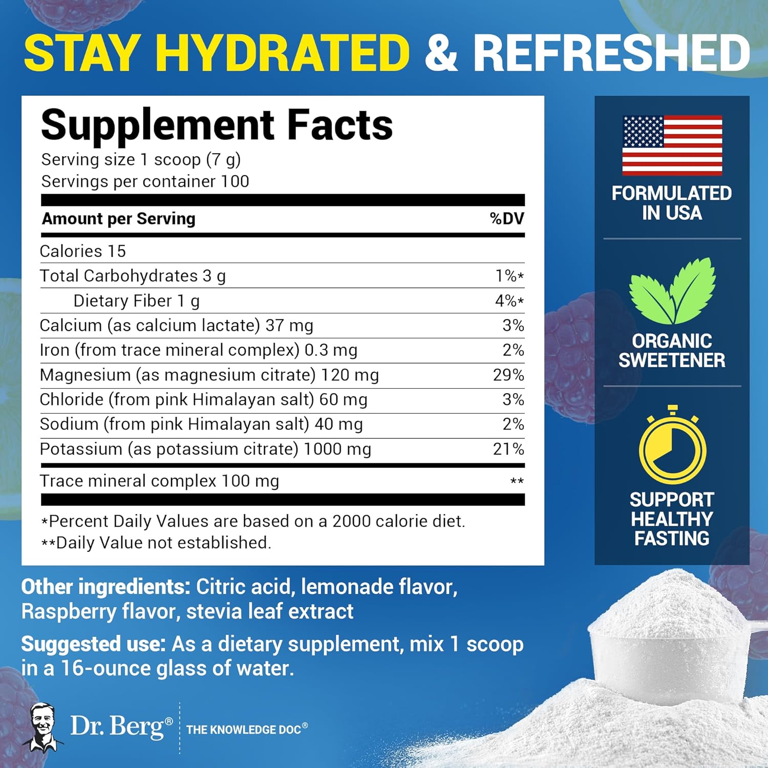 Dr. Berg Zero Sugar Hydration Keto Electrolyte Powder - Enhanced w/ 1000 mg of Potassium & Real Pink Himalayan Salt (NOT Table Salt) - Raspberry & Lemon Flavor Hydration Drink Supplement, 100 Servings - Nirvana Guru