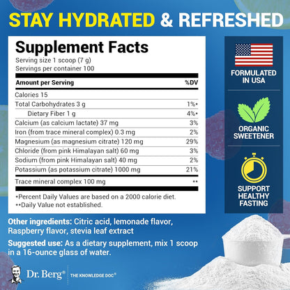 Dr. Berg Zero Sugar Hydration Keto Electrolyte Powder - Enhanced w/ 1000 mg of Potassium & Real Pink Himalayan Salt (NOT Table Salt) - Raspberry & Lemon Flavor Hydration Drink Supplement, 100 Servings - Nirvana Guru