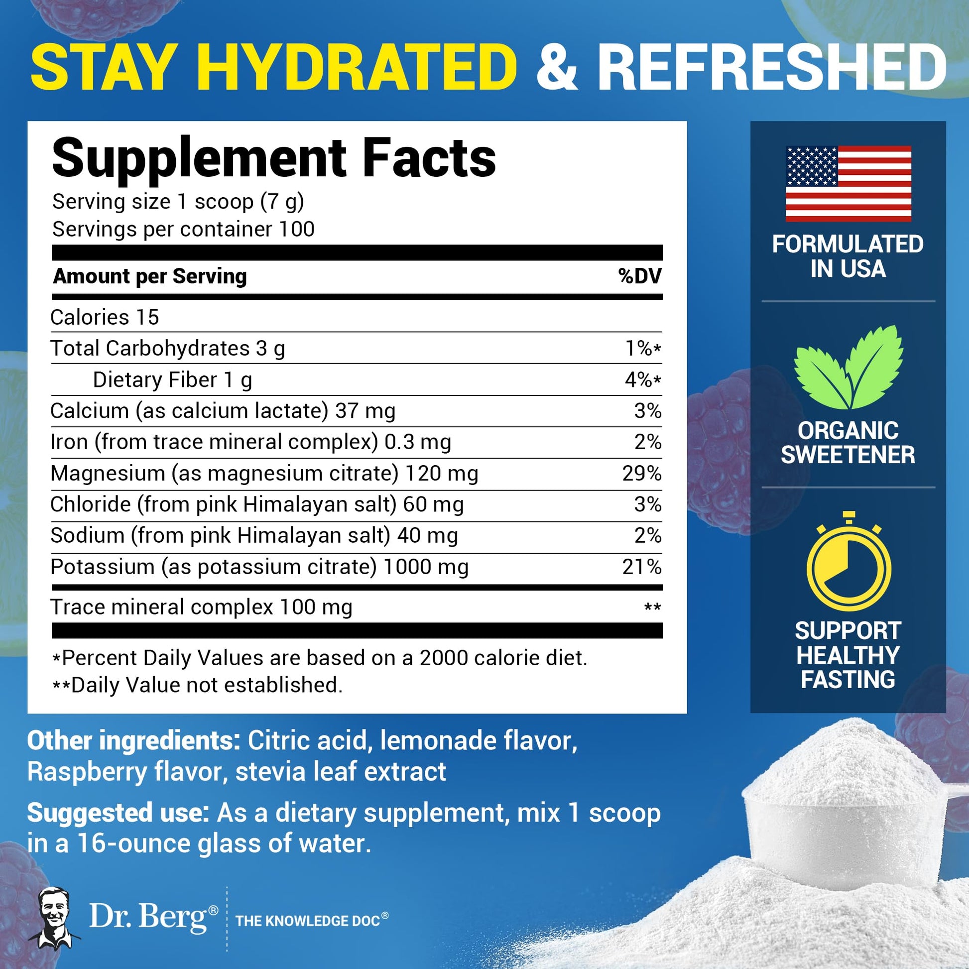 Dr. Berg Zero Sugar Hydration Keto Electrolyte Powder - Enhanced w/ 1000 mg of Potassium & Real Pink Himalayan Salt (NOT Table Salt) - Raspberry & Lemon Flavor Hydration Drink Supplement, 100 Servings - Nirvana Guru