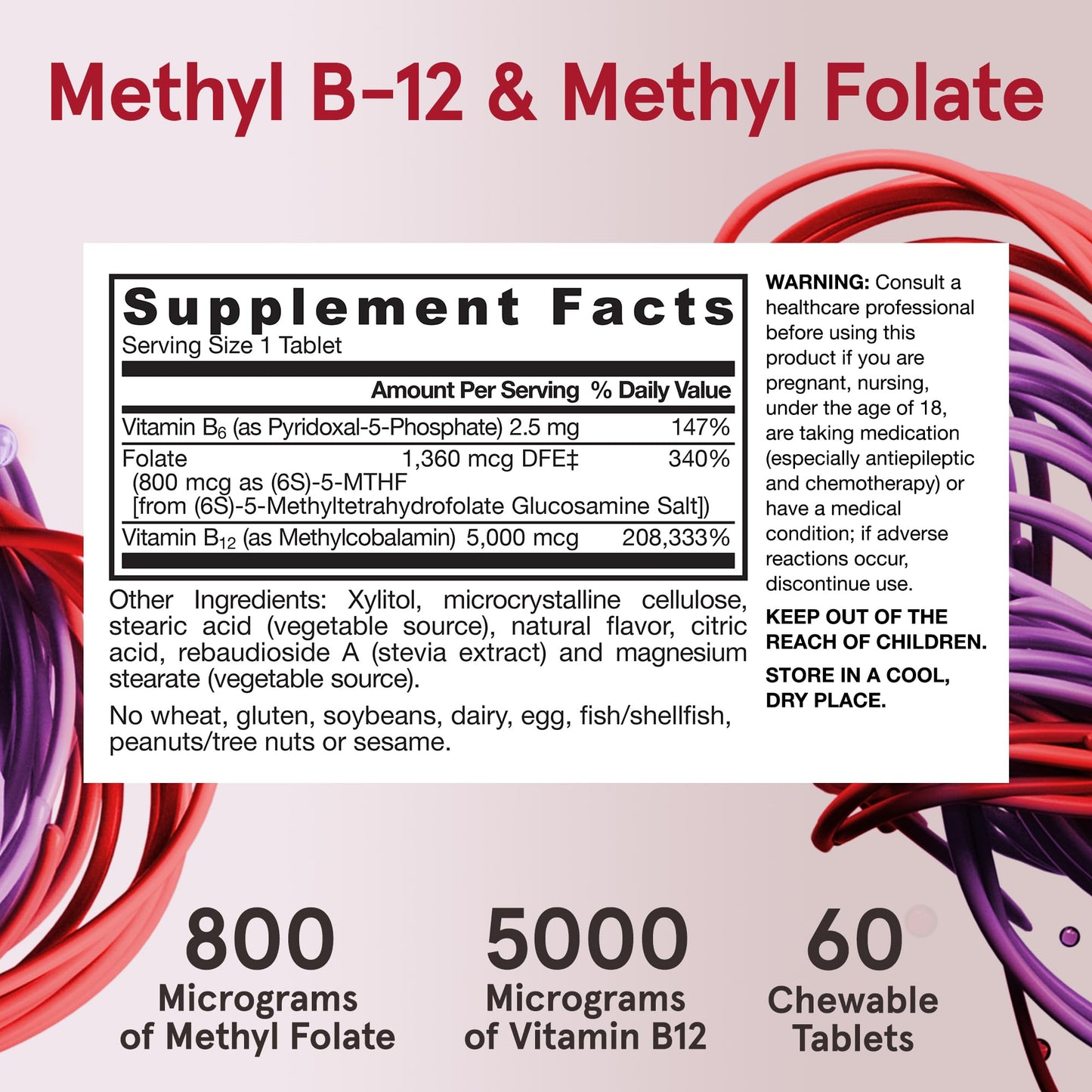 Jarrow Formulas Ultra Strength Methyl B-12 5000 mcg & Methyl Folate 800 mcg + P-5-P, Dietary Supplement for Cellular Energy Metabolism and Cardiovascular Support, 60 Chewable Tablets, 60 Day Supply - Nirvana Guru