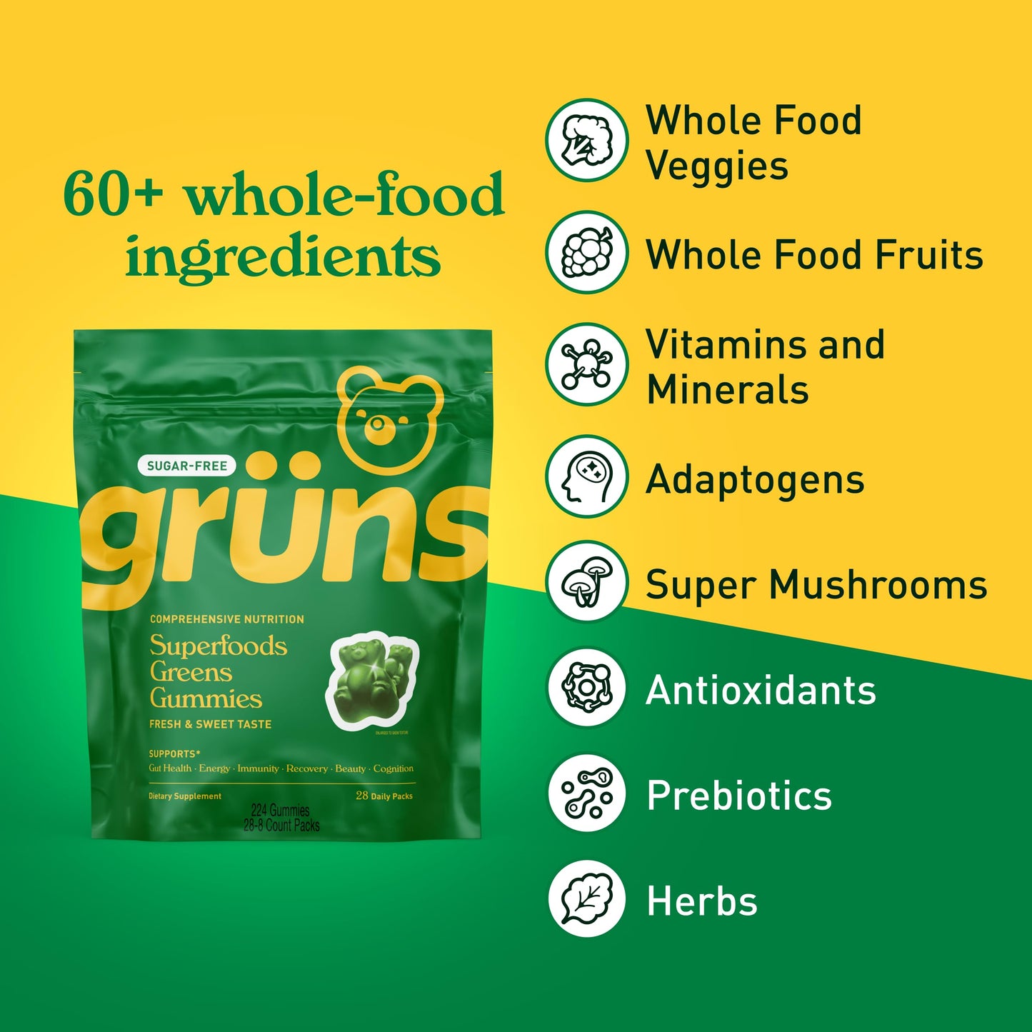 Gruns Adults Super Greens Gummies, Multivitamin Superfood Gummy Bears with Spirulina, Chlorella, Prebiotics & Fiber for Digestive Health, Adaptogens Supplement with 20 Vitamins & Minerals, 28 Count