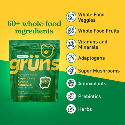 Gruns Adults Super Greens Gummies, Multivitamin Superfood Gummy Bears with Spirulina, Chlorella, Prebiotics & Fiber for Digestive Health, Adaptogens Supplement with 20 Vitamins & Minerals, 28 Count