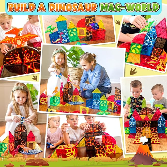 Dinosaur Toys Magnetic Tiles Lava Dinosaur World Set - Magnetic Blocks Building for Kids 3-5 5-7 Girls Boys Toy Age 4-6 6-8, Classroom Must Haves Toddler Sensory for 3+ Year Old Kids Toys Nirvana Guru