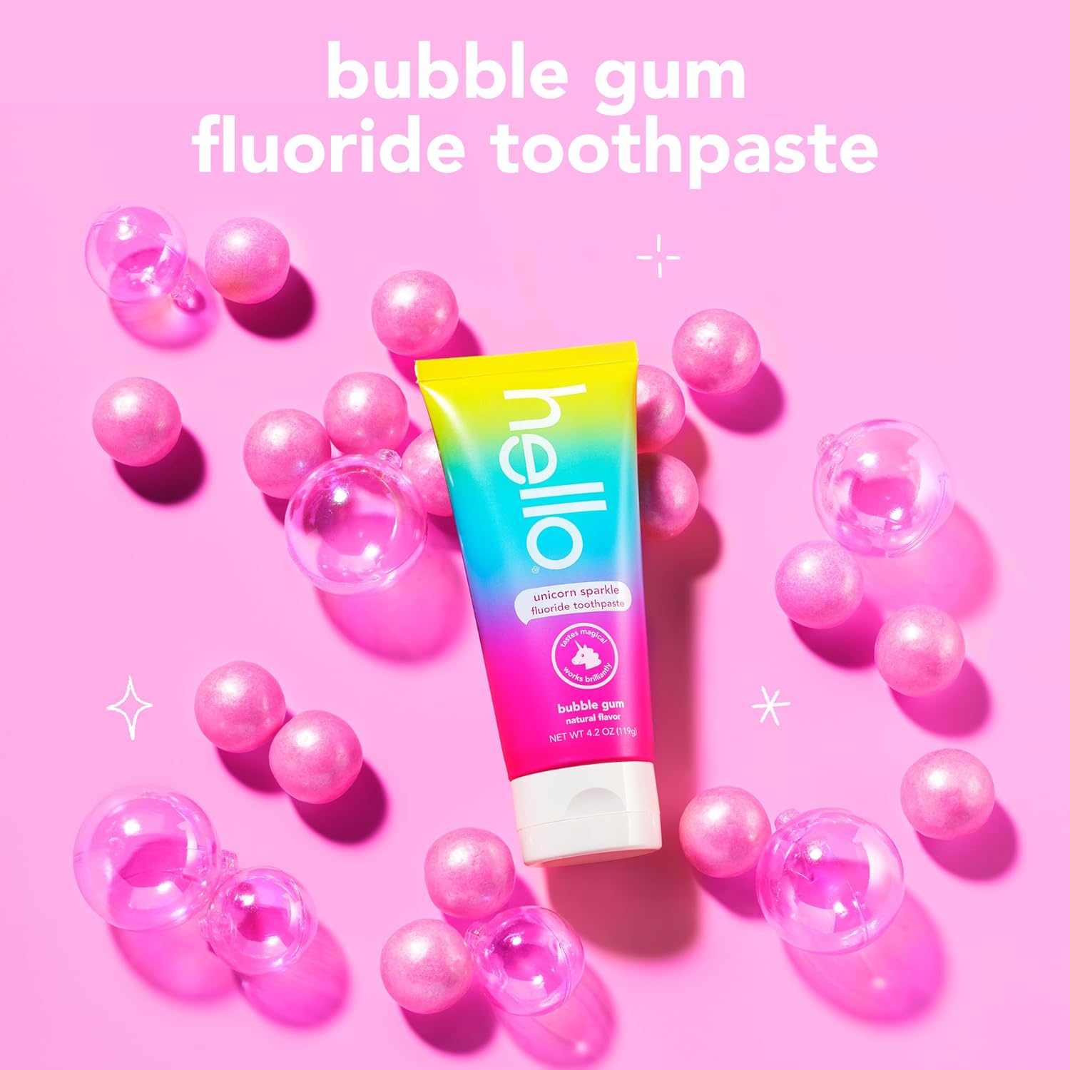 hello Unicorn Sparkle Kids Fluoride Toothpaste, Natural Bubble Gum Flavor, ADA Approved, Ages 2+, No Artificial Sweeteners, No SLS, Gluten Free, Vegan, Pack of 3, 4.2 oz Tubes Nirvana Guru