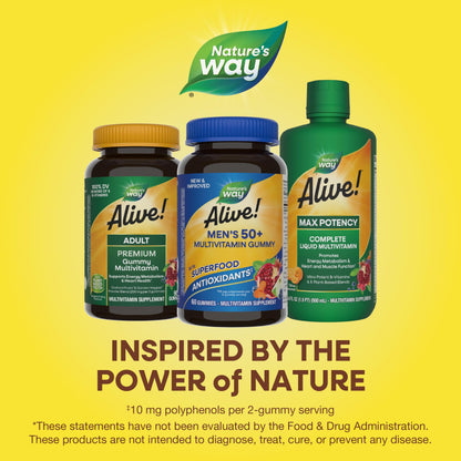 Nature's Way Alive! Men’s 50+ Daily Gummy Multivitamins, Supports Healthy Brain, Eyes, Heart*, B-Vitamins, Gluten-Free, Vegetarian, Fruit Flavored, 60 Gummies (Packaging May Vary) - Nirvana Guru