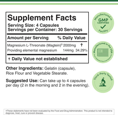 Magnesium L Threonate, Magtein™, Sleep and Cognitive Support – High Absorption – Most Bioavailable Form of Magnesium – 2,000 mg – 120 Capsules Nirvana Guru