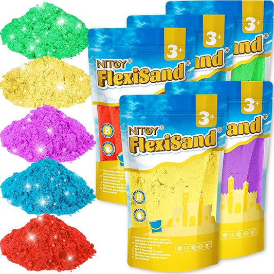 FlexiSand Value Pack 11lbs of 5 Colored Moldable Self-Sticking Sand,Never Dries Out - Fun for Kids Bulk Refill for Sensory Sand Box Toys,Ideal for Shaping,Squeezing,Scooping,Rolling and Molding Nirvana Guru