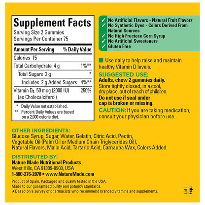 Nature Made Vitamin D3 2000 IU (50 mcg) per serving, Dietary Supplement for Bone, Teeth, Muscle and Immune Health Support, 90 Gummies, 45 Day Supply - Nirvana Guru