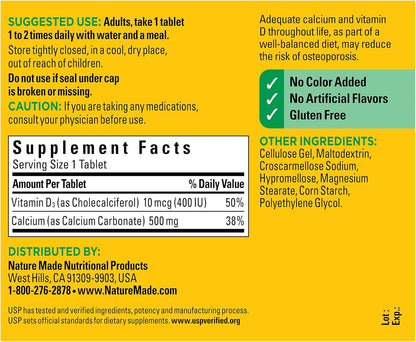 Nature Made Calcium 500 mg with Vitamin D3, Dietary Supplement for Bone Support, 130 Tablets Nirvana Guru