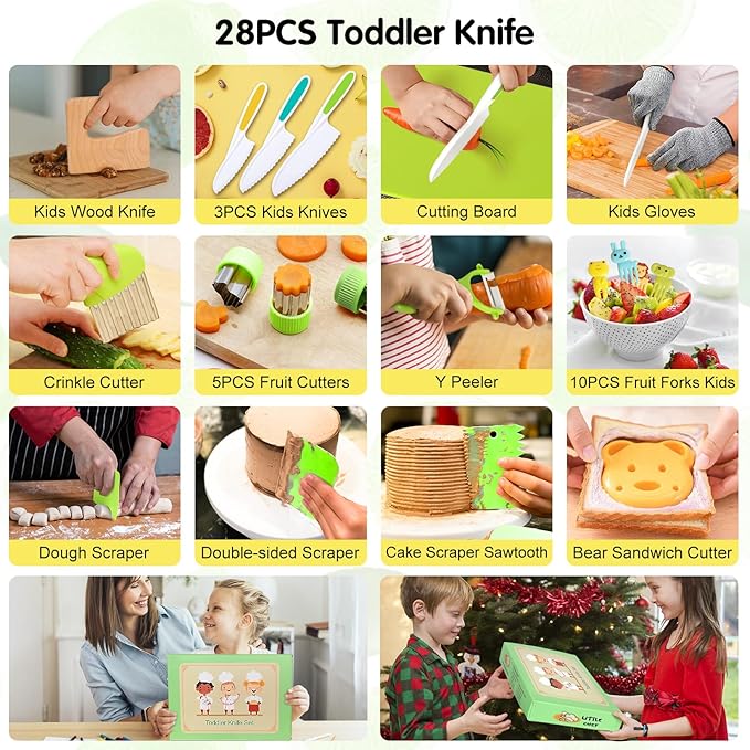 28PCS Toddler Knife Set - Kids Knifes for Real Cooking, Montessori Kids Kitchen Knife Set with Cutting Board Crinkle Cutters Kid Safe Knives, Toddlers Kitchen Tools for Age 2-10 Year Old Girl Boy nirvanaguru
