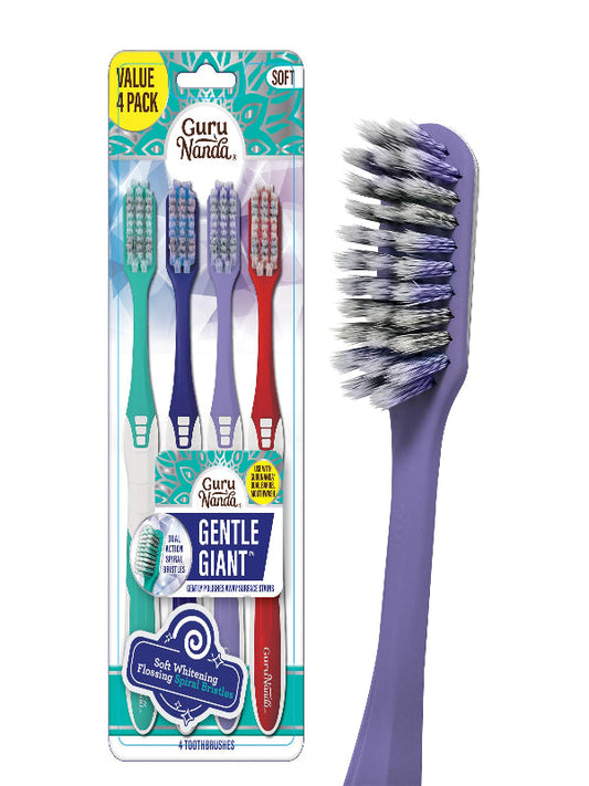 GuruNanda Gentle Giant Toothbrush with Dual Action Flossing Spiral Bristles, Non-Slip Ergo Dexa Grip, Helps in Teeth Whitening, BPA Free, (4 Count) Nirvana Guru