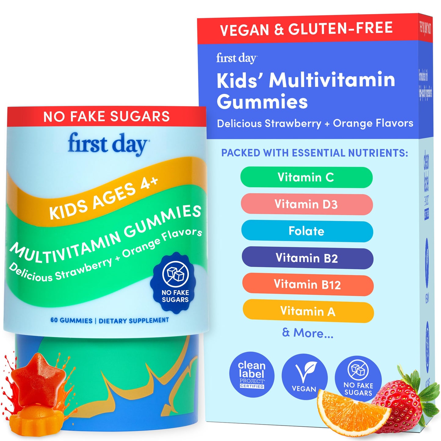 First Day Kids Multivitamin Gummies Age 4+, Strawberry & Orange - Kids Vitamins Multivitamin Gummy A C D3 K2 B1 B2 B6 B12 Folate, Immunity & Brain Function, Vegan - 30 Day Supply, Packaging May Vary Nirvana Guru
