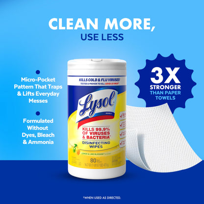 Lysol Disinfectant Wipes Bundle, Multi-Surface Cleaning Wipes, For Disinfecting & Cleaning, contains Lemon & Lime Blossom, Crisp Linen, & Mango & Hibiscus, 3x80 ct, (240 ct Total)