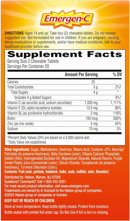 Emergen-C Chewable Vitamin C 1000mg, With B Vitamins And Antioxidants Tablet (40 Count, Orange Blast Flavor), Dietary Supplement Nirvana Guru