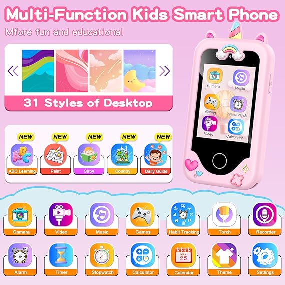 Kids Smart Phone with Dual Camera, Game & Music Player, Toddler Learning Play Toy Cell Phone, Gifts for Girls, Christmas, Birthday, Age 3-10, Light Pink Nirvana Guru