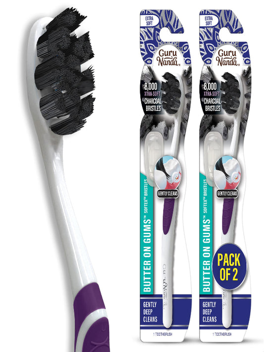 GuruNanda Butter on Gums Charcoal Toothbrush - 8000+ SoftexTM Bristles for Sensitive Teeth & Gums, Aids in Teeth Whitening, Extra Soft (6 Count) Nirvana Guru
