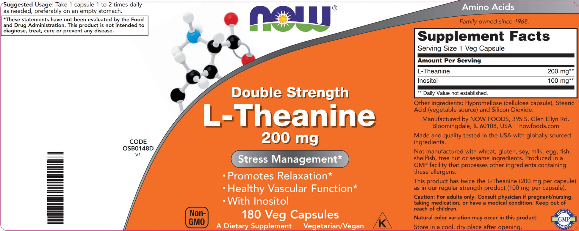 NOW Foods L-Theanine, Double Strength 200 mg Per Cap - 180 Veg Capsules - Enhanced with 100mg Inositol - Vegetarian, Non-GMO - Ltheanine 200mg Supplement - Nirvana Guru