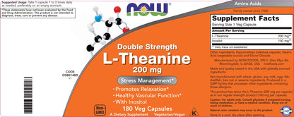 NOW Foods L-Theanine, Double Strength 200 mg Per Cap - 180 Veg Capsules - Enhanced with 100mg Inositol - Vegetarian, Non-GMO - Ltheanine 200mg Supplement - Nirvana Guru