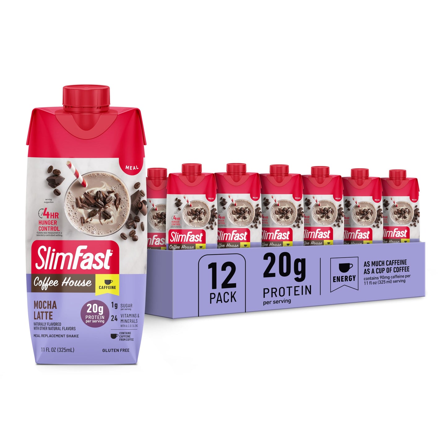 SlimFast Protein Shake with Caffeine, Caramel Macchiato- 20g Protein, Meal Replacement Shakes, High Protein with Low Carb and Low Sugar, 24 Vitamins and Minerals, 12 Count (Pack of 1)