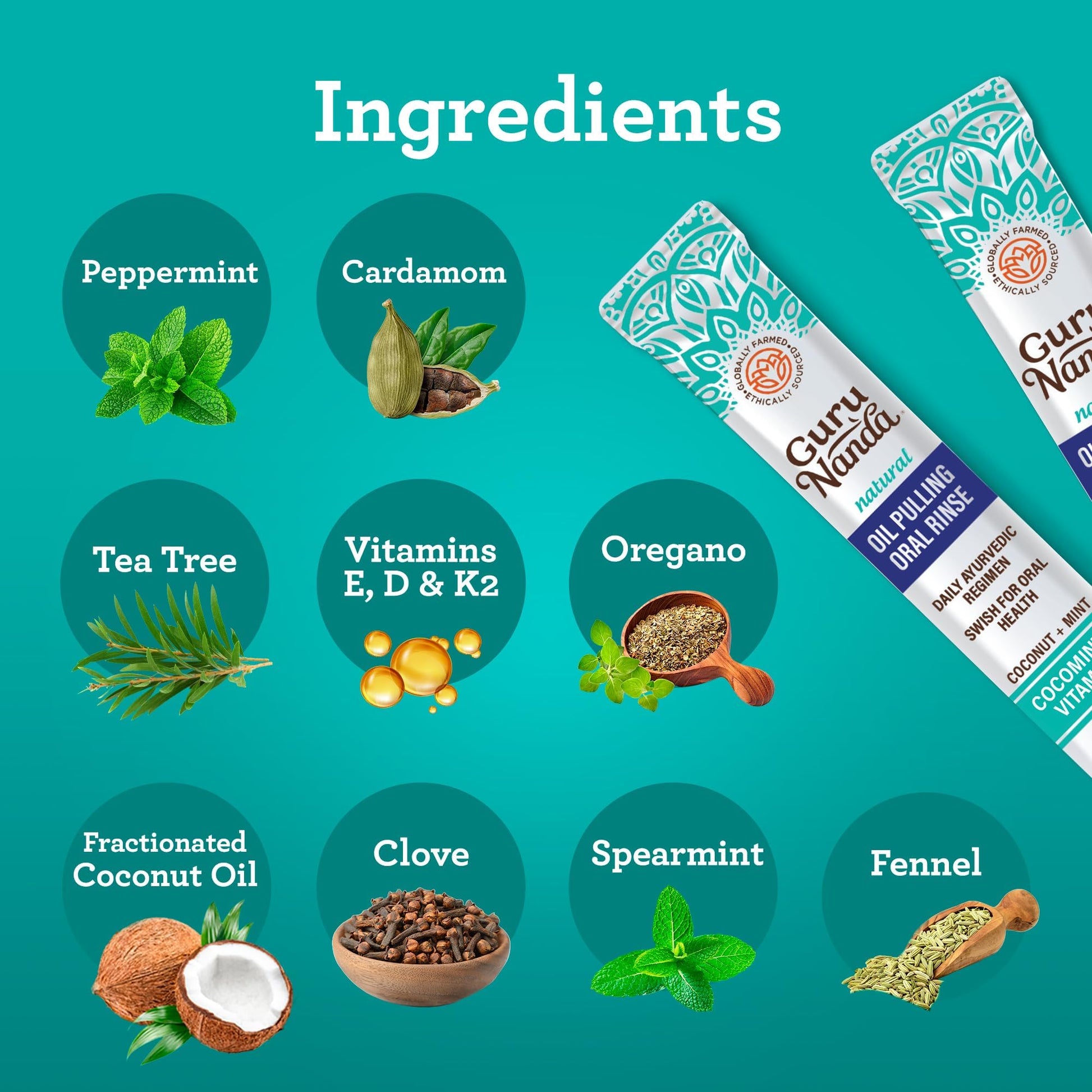 GuruNanda Travel Sachets Coconut Oil Pulling, Fresh Breath Mouthwash, 7 Essential Oils & Vitamins for Happy Teeth & Gums, 28 Sachets Nirvana Guru