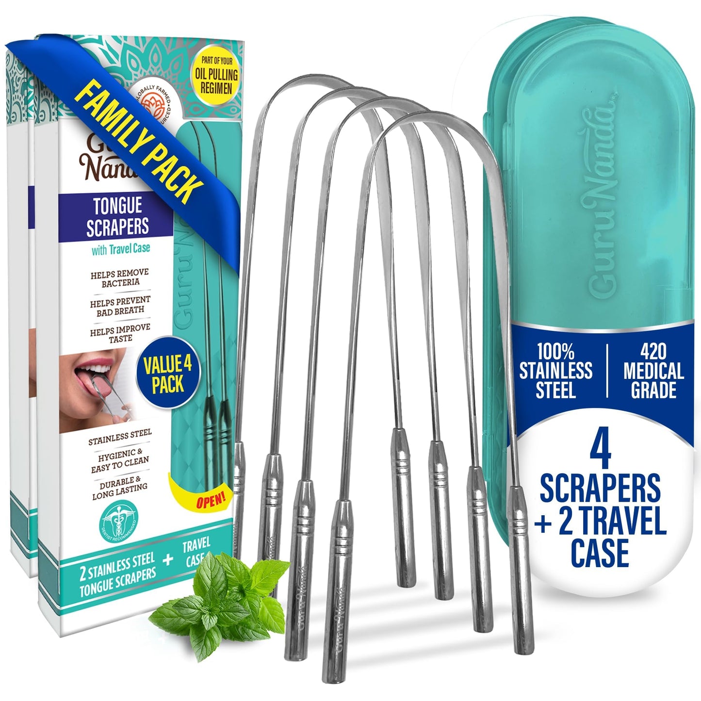 GuruNanda Tongue Scraper for Adults (2 Pack) with Travel Case, 420 Medical-Grade 100% Stainless Steel Tongue Cleaner, Aids in Fresh Breath & Oral Care Nirvana Guru