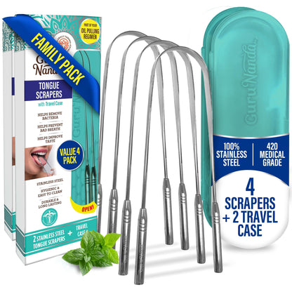 GuruNanda Tongue Scraper for Adults (2 Pack) with Travel Case, 420 Medical-Grade 100% Stainless Steel Tongue Cleaner, Aids in Fresh Breath & Oral Care Nirvana Guru