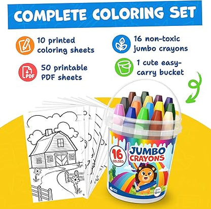 Jumbo Crayons For Toddlers 1-3 - 16pc Toddler Crayons For Kids Ages 4-8 1-3 2-4 - With Printed & PDF Crayon Color Sheets - Non Toxic, Washable, Large & Easy To Grip - Toddler Coloring Art Supplies nirvanaguru