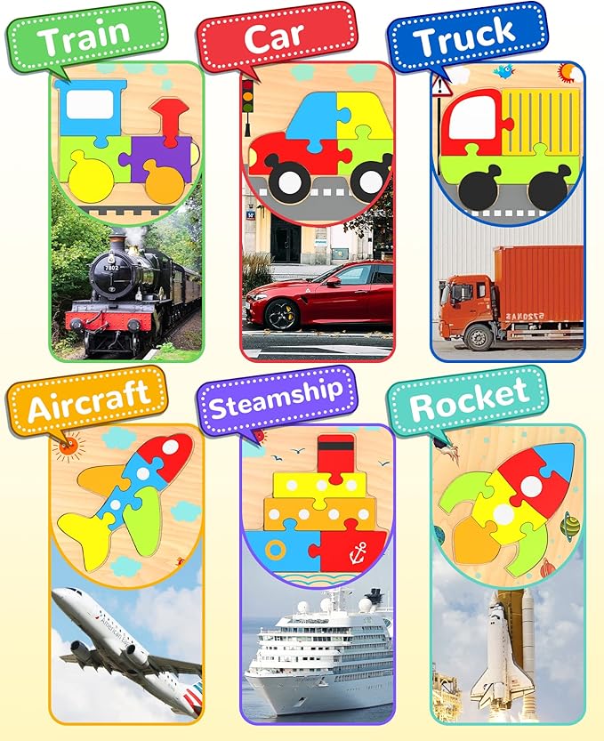 Yetonamr Wooden Toddler Puzzles Gifts Toys for 1 2 3 Years Old Boys Girls, 6 Vehicle Shape Montessori Toys Educational Blocks Kids Gift Baby Learning Toy Age 1-3, 2-4 nirvanaguru