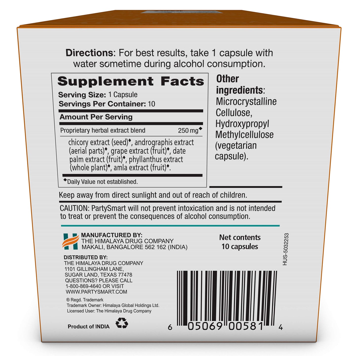 Himalaya PartySmart, One Capsule for a Better Morning After Drinking, Plant Based, Liver Support, Alcohol Breakdown, Clinically Studied, Non-GMO, Herbal Supplement, 10 Capsules - Nirvana Guru