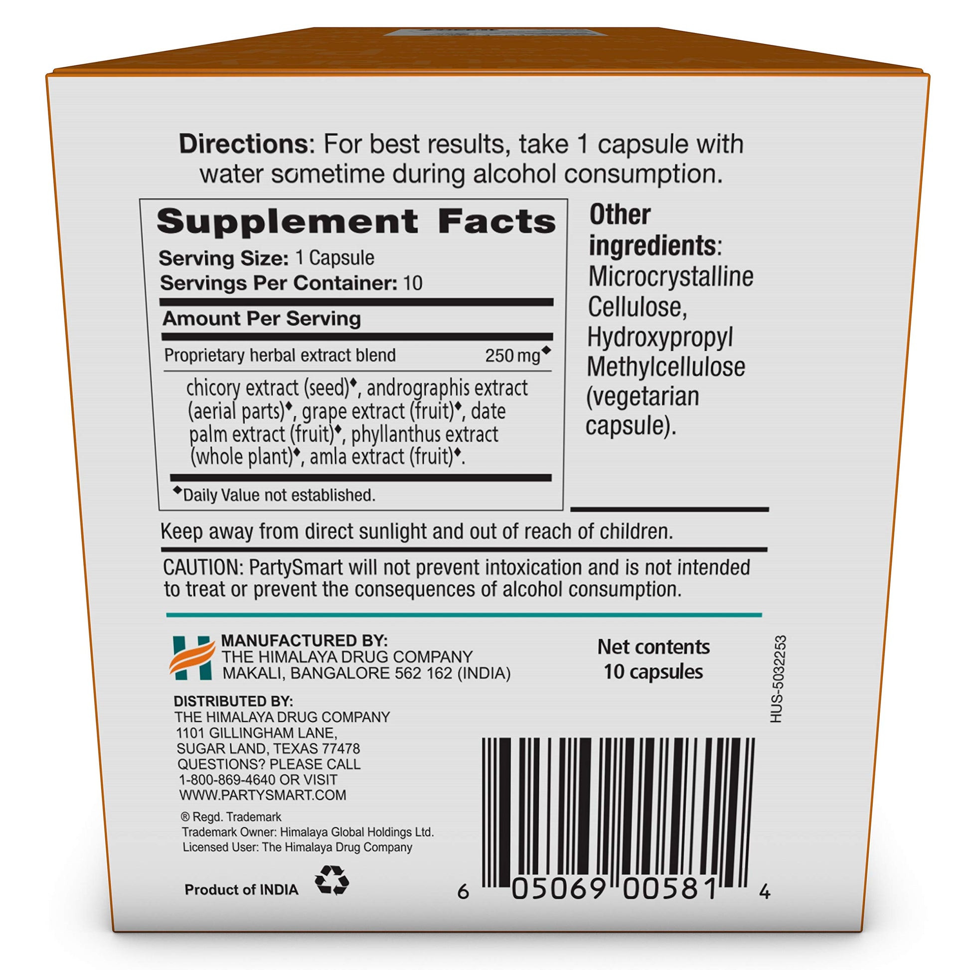 Himalaya PartySmart, One Capsule for a Better Morning After Drinking, Plant Based, Liver Support, Alcohol Breakdown, Clinically Studied, Non-GMO, Herbal Supplement, 10 Capsules - Nirvana Guru